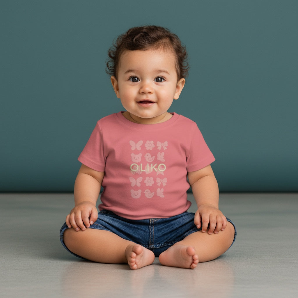 Pink Animal Icons Baby Tee | Butterfly, Bear, Duck Pattern